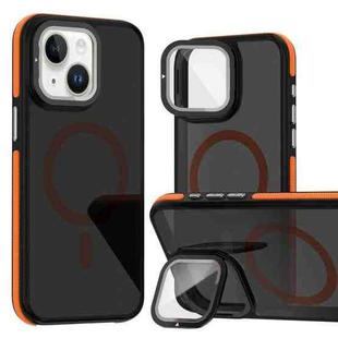 For iPhone 13 / 14 Magsafe Dual-Color Skin Feel Lens Film Phone Case with Lens Fold Holder(Orange)