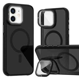 For iPhone 12 Pro / 12 Magsafe Dual-Color Skin Feel Lens Film Phone Case with Lens Fold Holder(Black)