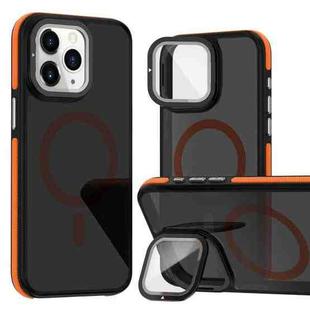 For iPhone 11 Pro Max Magsafe Dual-Color Skin Feel Lens Film Phone Case with Lens Fold Holder(Orange)