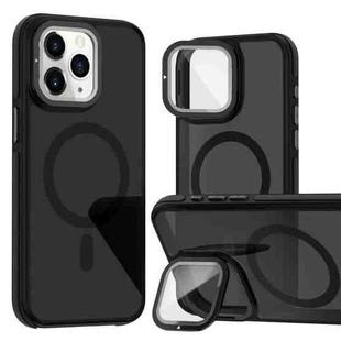 For iPhone 11 Pro Max Magsafe Dual-Color Skin Feel Lens Film Phone Case with Lens Fold Holder(Black)