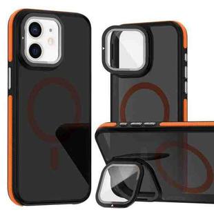 For iPhone 11 Magsafe Dual-Color Skin Feel Lens Film Phone Case with Lens Fold Holder(Orange)