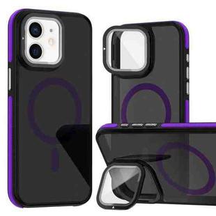 For iPhone 11 Magsafe Dual-Color Skin Feel Lens Film Phone Case with Lens Fold Holder(Purple)