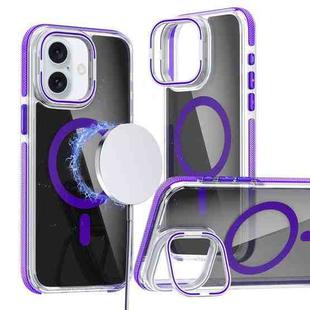 For iPhone 16 Plus Magsafe Dual-Color Transparent Black Lens Holder Phone Case(Purple)