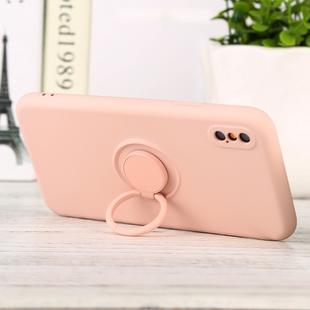 For iPhone XS Max Solid Color Liquid Silicone Shockproof Full Coverage Protective Case with Ring Holder(Pink)