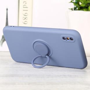 For iPhone XS Max Solid Color Liquid Silicone Shockproof Full Coverage Protective Case with Ring Holder(Grey Blue)
