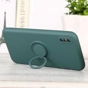 For iPhone X / XS Solid Color Liquid Silicone Shockproof Full Coverage Protective Case with Ring Holder(Deep Green)
