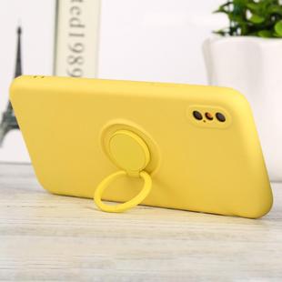 For iPhone X / XS Solid Color Liquid Silicone Shockproof Full Coverage Protective Case with Ring Holder(Yellow)