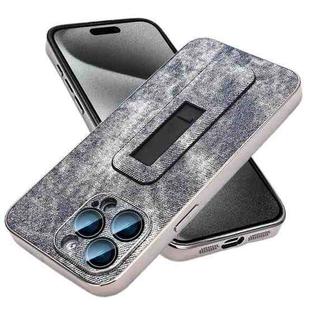 For iPhone 15 Pro Max Denim Pattern Electroplated Push-pull Bracket Cooling Phone Case(Grey Blue)