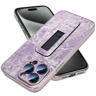 For iPhone 15 Pro Max Denim Pattern Electroplated Push-pull Bracket Cooling Phone Case(Pink Purple)