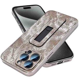 For iPhone 15 Pro Denim Pattern Electroplated Push-pull Bracket Cooling Phone Case(Grey)