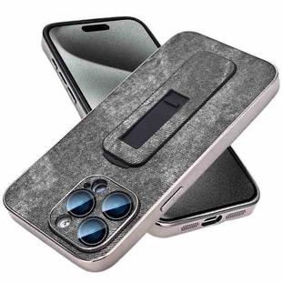 For iPhone 15 Pro Denim Pattern Electroplated Push-pull Bracket Cooling Phone Case(Black)