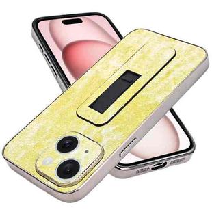 For iPhone 15 Plus Denim Pattern Electroplated Push-pull Bracket Cooling Phone Case(Yellow Green)