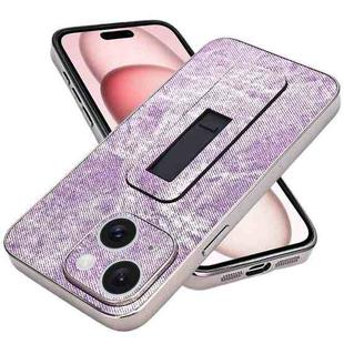 For iPhone 15 Plus Denim Pattern Electroplated Push-pull Bracket Cooling Phone Case(Pink Purple)