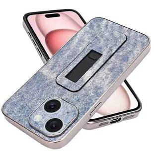 For iPhone 15 Denim Pattern Electroplated Push-pull Bracket Cooling Phone Case(Blue)