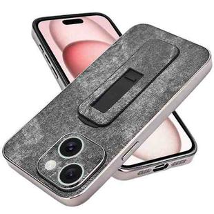 For iPhone 15 Denim Pattern Electroplated Push-pull Bracket Cooling Phone Case(Black)