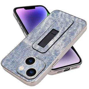For iPhone 14 Plus Denim Pattern Electroplated Push-pull Bracket Cooling Phone Case(Blue)