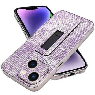 For iPhone 14 Denim Pattern Electroplated Push-pull Bracket Cooling Phone Case(Pink Purple)