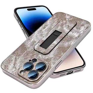 For iPhone 14 Pro Denim Pattern Electroplated Push-pull Bracket Cooling Phone Case(Grey)