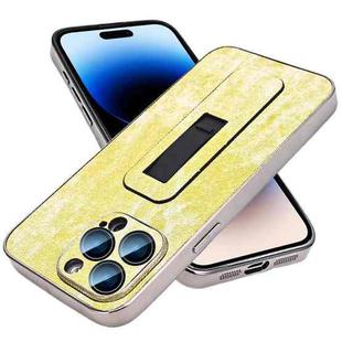 For iPhone 14 Pro Denim Pattern Electroplated Push-pull Bracket Cooling Phone Case(Yellow Green)