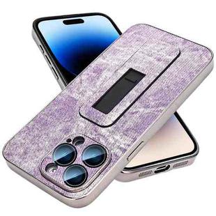 For iPhone 14 Pro Denim Pattern Electroplated Push-pull Bracket Cooling Phone Case(Pink Purple)