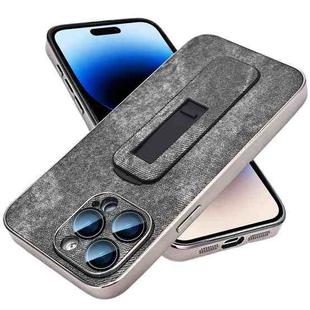 For iPhone 14 Pro Max Denim Pattern Electroplated Push-pull Bracket Cooling Phone Case(Black)