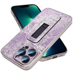 For iPhone 13 Pro Max Denim Pattern Electroplated Push-pull Bracket Cooling Phone Case(Pink Purple)