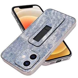 For iPhone 12 Denim Pattern Electroplated Push-pull Bracket Cooling Phone Case(Blue)