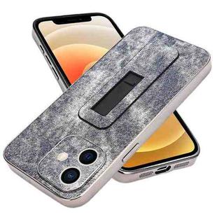 For iPhone 12 Denim Pattern Electroplated Push-pull Bracket Cooling Phone Case(Grey Blue)