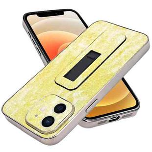 For iPhone 12 Denim Pattern Electroplated Push-pull Bracket Cooling Phone Case(Yellow Green)