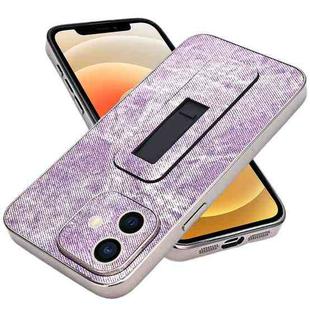 For iPhone 12 Denim Pattern Electroplated Push-pull Bracket Cooling Phone Case(Pink Purple)