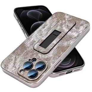 For iPhone 12 Pro Denim Pattern Electroplated Push-pull Bracket Cooling Phone Case(Grey)