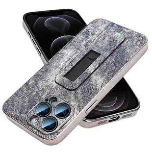 For iPhone 12 Pro Denim Pattern Electroplated Push-pull Bracket Cooling Phone Case(Grey Blue)