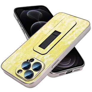 For iPhone 12 Pro Denim Pattern Electroplated Push-pull Bracket Cooling Phone Case(Yellow Green)