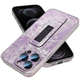 For iPhone 12 Pro Denim Pattern Electroplated Push-pull Bracket Cooling Phone Case(Pink Purple)