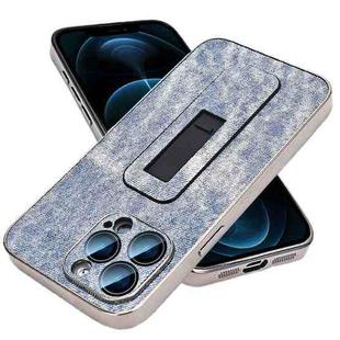 For iPhone 12 Pro Max Denim Pattern Electroplated Push-pull Bracket Cooling Phone Case(Blue)