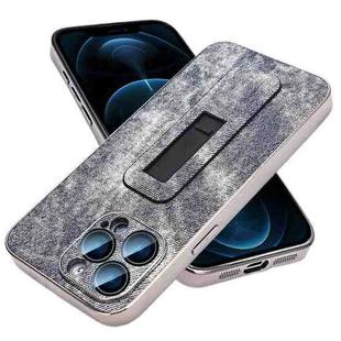 For iPhone 12 Pro Max Denim Pattern Electroplated Push-pull Bracket Cooling Phone Case(Grey Blue)