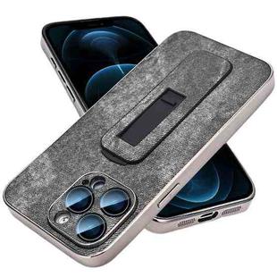 For iPhone 12 Pro Max Denim Pattern Electroplated Push-pull Bracket Cooling Phone Case(Black)