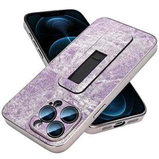 For iPhone 12 Pro Max Denim Pattern Electroplated Push-pull Bracket Cooling Phone Case(Pink Purple)