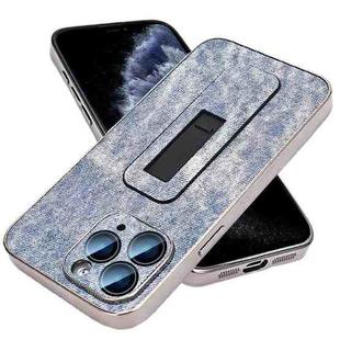 For iPhone 11 Pro Max Denim Pattern Electroplated Push-pull Bracket Cooling Phone Case(Blue)