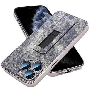 For iPhone 11 Pro Max Denim Pattern Electroplated Push-pull Bracket Cooling Phone Case(Grey Blue)