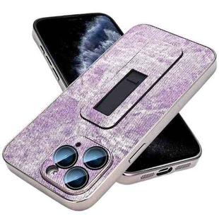 For iPhone 11 Pro Denim Pattern Electroplated Push-pull Bracket Cooling Phone Case(Pink Purple)