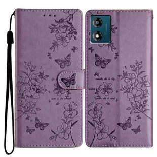 For Motorola Moto E13 Butterflies and Flowers Leather Phone Case(Purple)