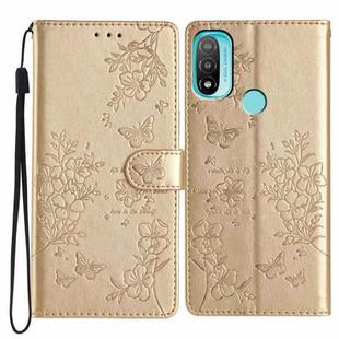 For Motorola Moto E20 / E30 Butterflies and Flowers Leather Phone Case(Gold)