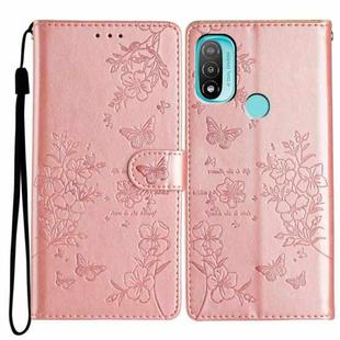 For Motorola Moto E20 / E30 Butterflies and Flowers Leather Phone Case(Rose Gold)