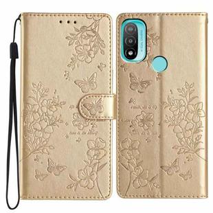 For Motorola Moto E40 Butterflies and Flowers Leather Phone Case(Gold)