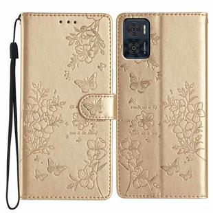 For Motorola Moto E22 Butterflies and Flowers Leather Phone Case(Gold)