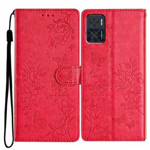 For Motorola Moto E22 Butterflies and Flowers Leather Phone Case(Red)