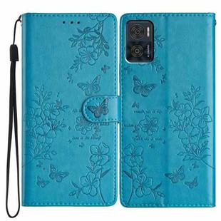 For Motorola Moto E22 Butterflies and Flowers Leather Phone Case(Blue)