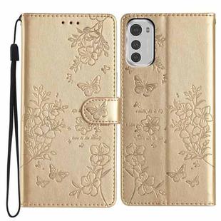 For Motorola Moto E32 Butterflies and Flowers Leather Phone Case(Gold)