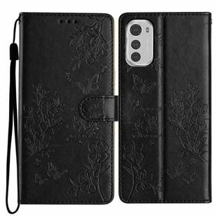 For Motorola Moto E32 Butterflies and Flowers Leather Phone Case(Black)